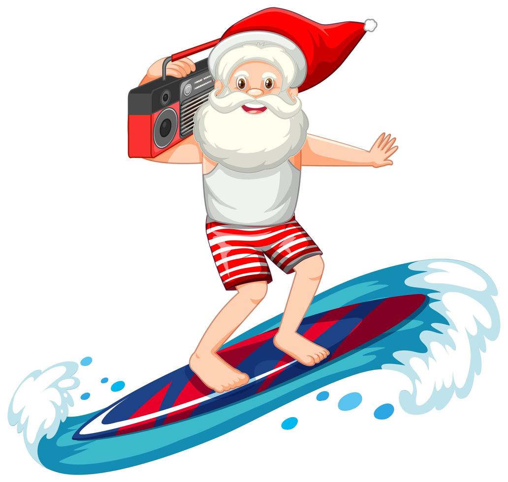 Kerstman surfen in zomer thema op witte achtergrond vector