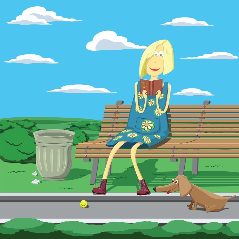 cartoon meisje in park zittend op de bank vector