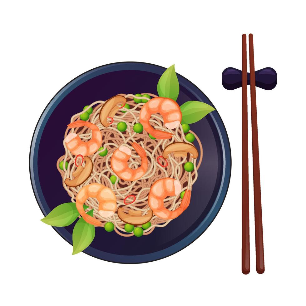 Aziatisch garnaal roeren bakken noedels. Japans soba noedels met garnaal in donker bord. Aziatisch voedsel met eetstokjes top visie. kleurrijk vector illustratie geïsoleerd Aan wit achtergrond.