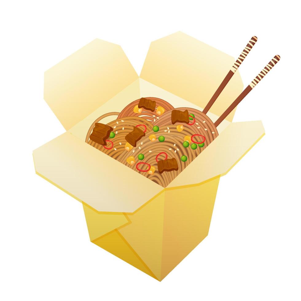 meenemen karton wok doos noedels met groenten en gebakken vlees. Aziatisch voedsel. kleurrijk vector illustratie geïsoleerd Aan wit achtergrond.