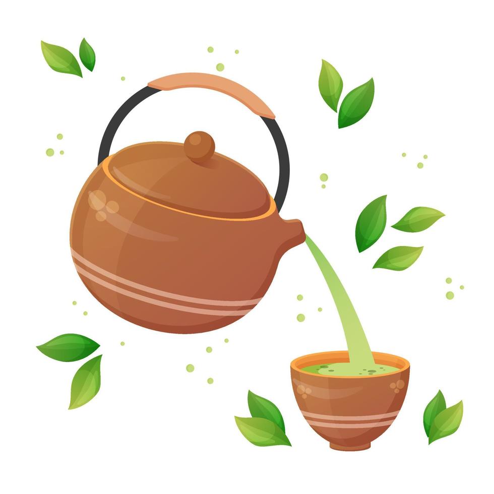 matcha groen thee. theepot en beker. Japans drinken in tekenfilm vlak stijl. Aziatisch voedsel. kleurrijk vector illustratie geïsoleerd Aan wit achtergrond.