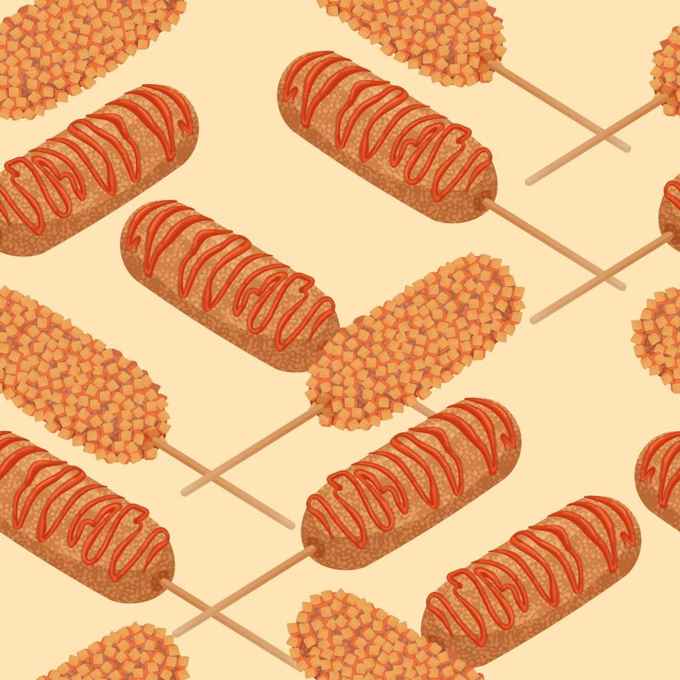 Koreaans straat voedsel - gebakken Corn dog met ketchup naadloos patroon. tekenfilm stijl heet honden met worst, gebakken in paneermeel. Aziatisch voedsel. kleurrijk vector illustratie.
