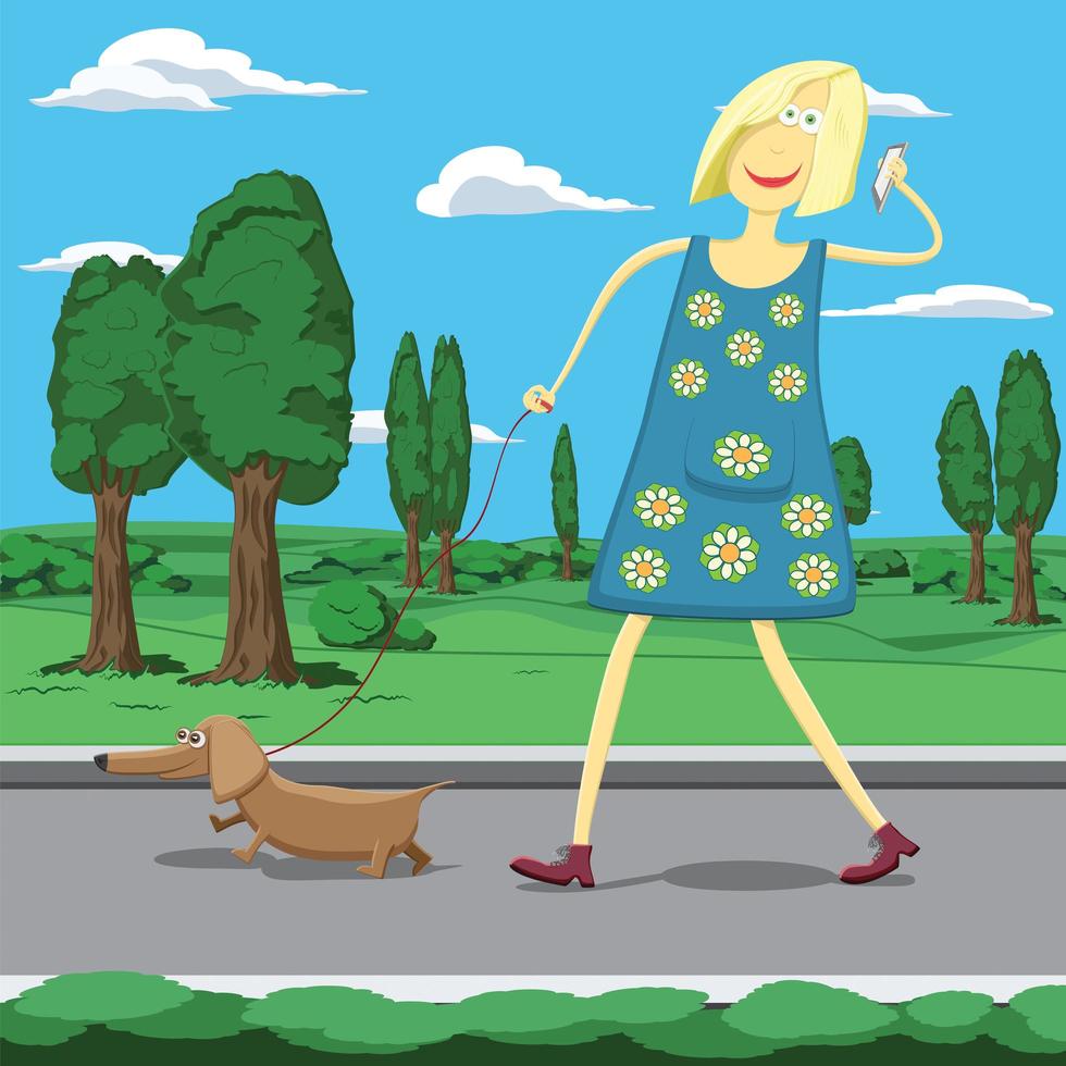 cartoon meisje wandelen met een hond met een mobiele telefoon vector