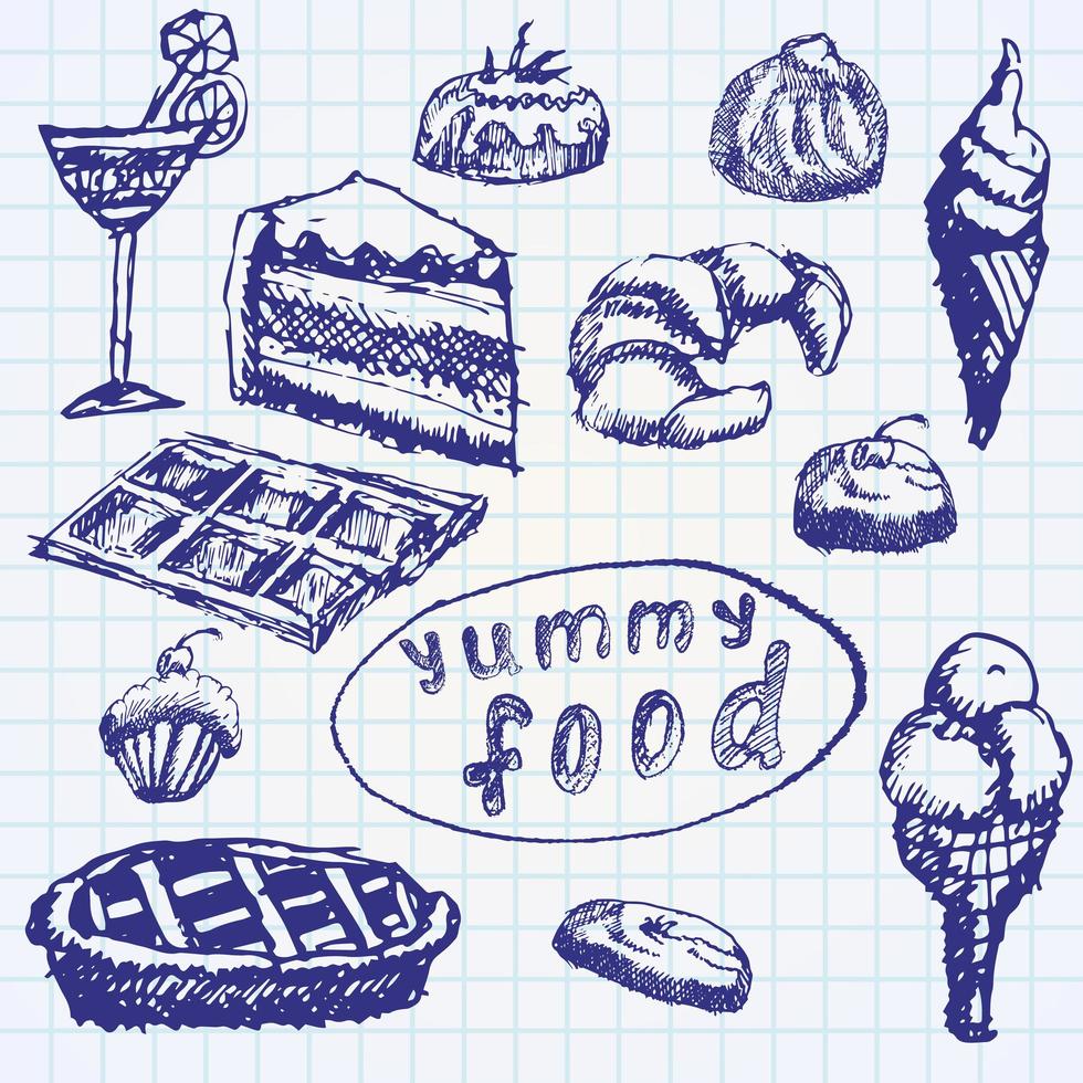 voedsel desserts instellen schets hand getekend op notebookpapier vector