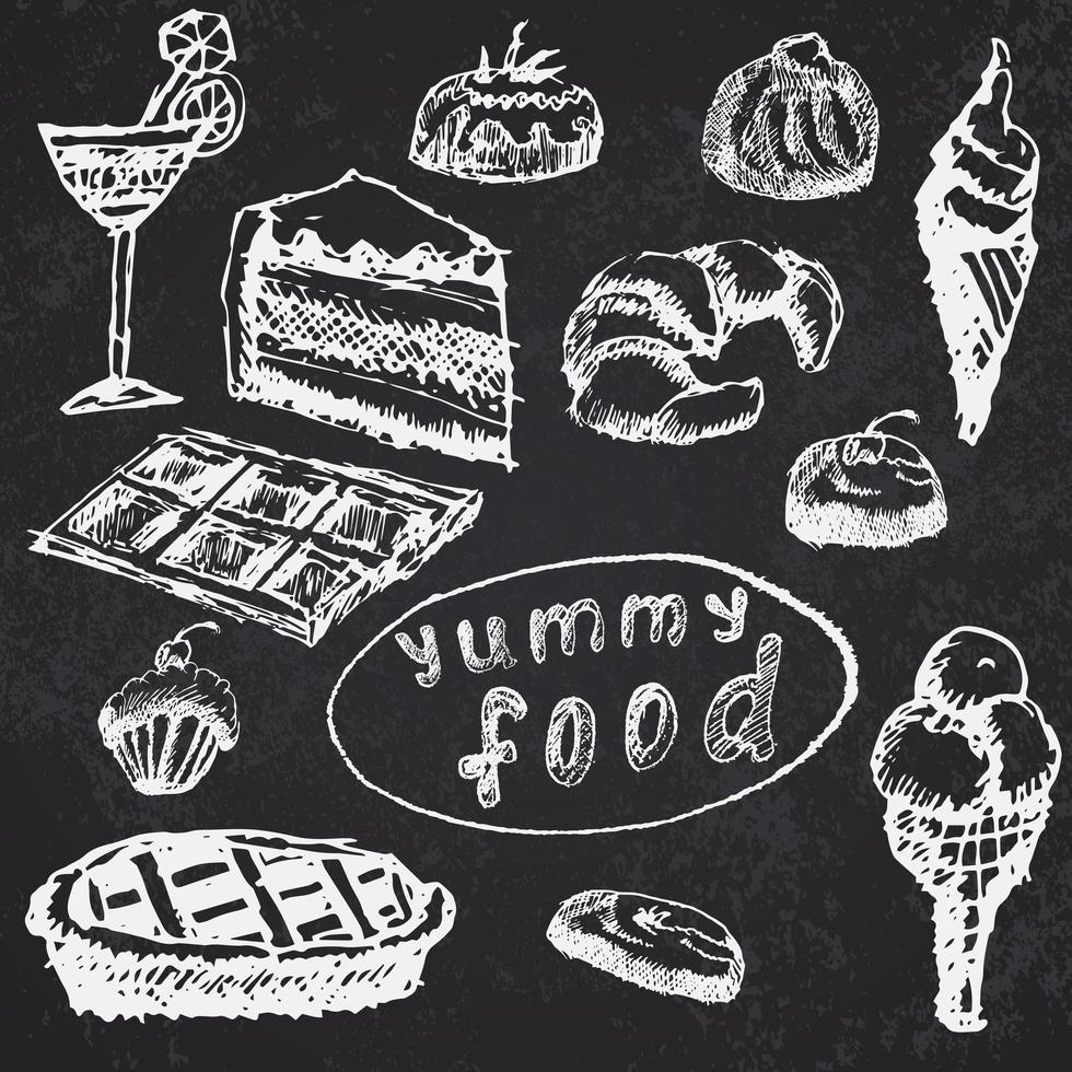 voedsel desserts instellen schets hand getekend op blackboard vector