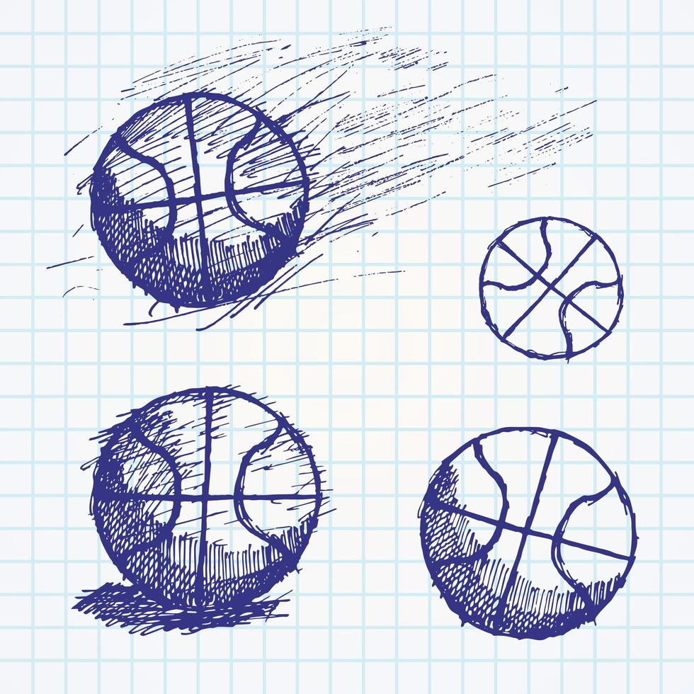 basketbal bal schets ingesteld op papieren notitieblok vector