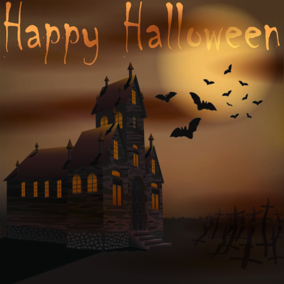 halloween griezelig huis met vleermuizen dichtbij begraafplaats vector