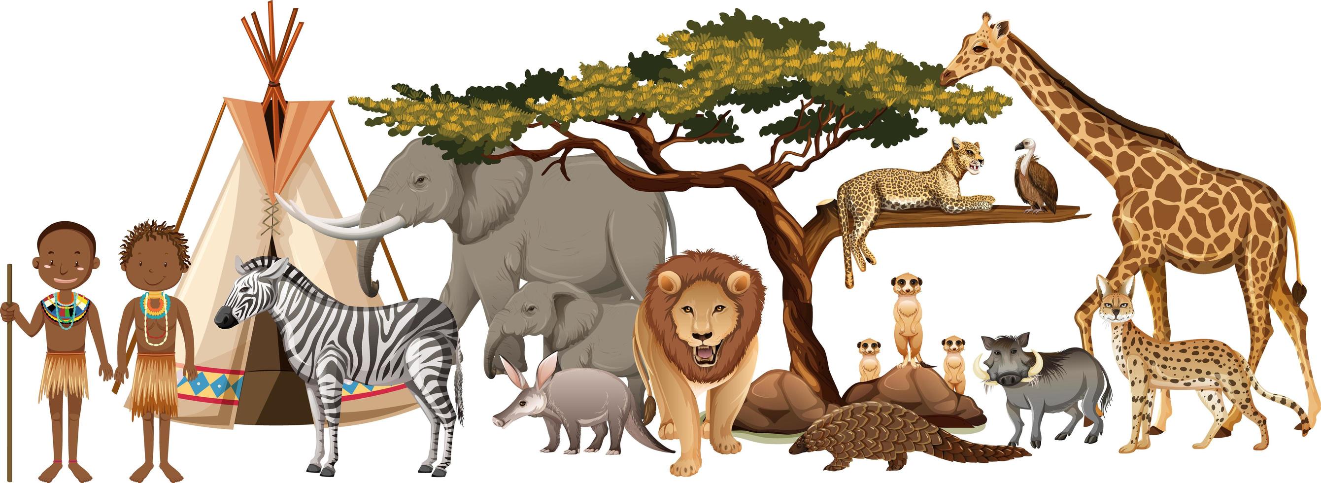 Afrikaanse stam met groep wilde Afrikaanse dieren op witte achtergrond vector