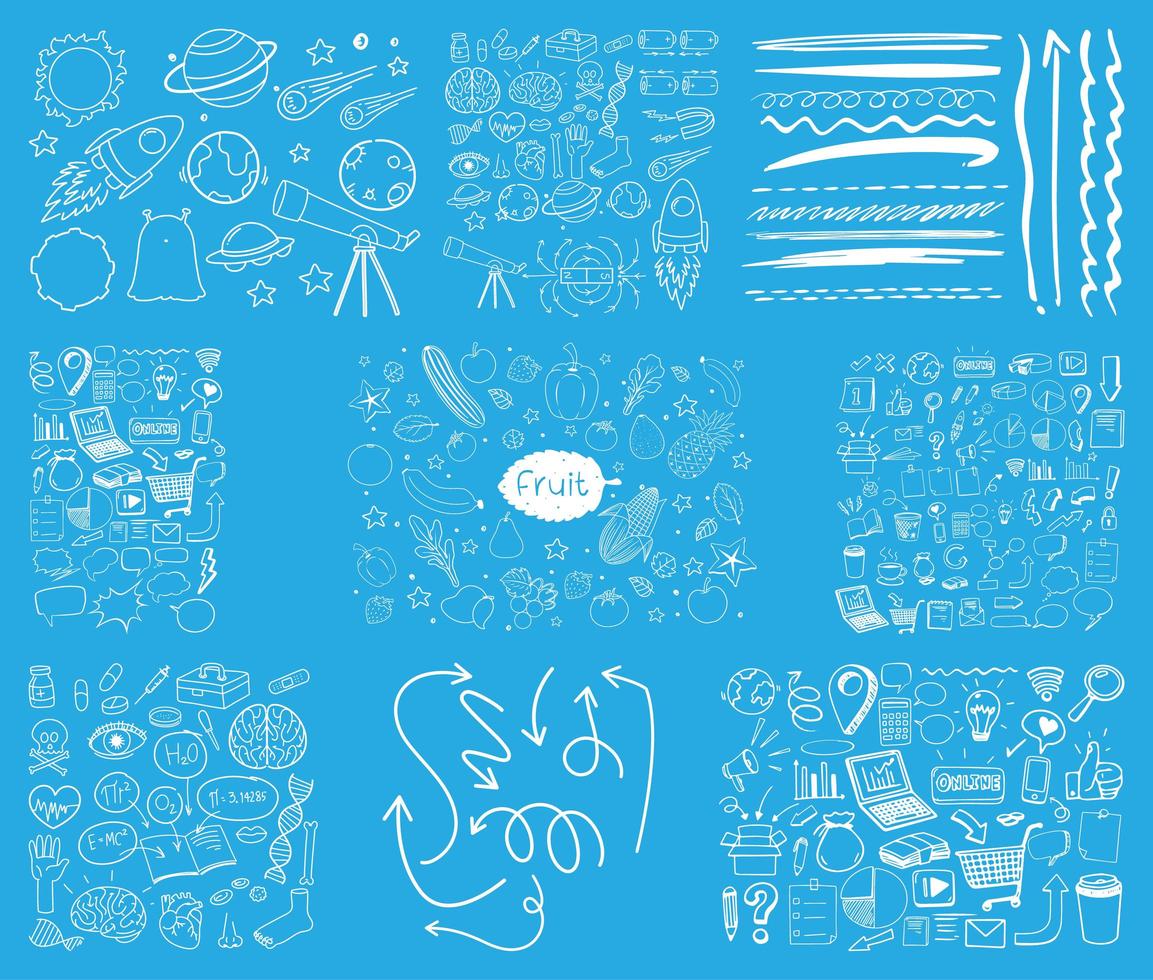 set object en symbool hand getrokken doodle op blauwe achtergrond vector