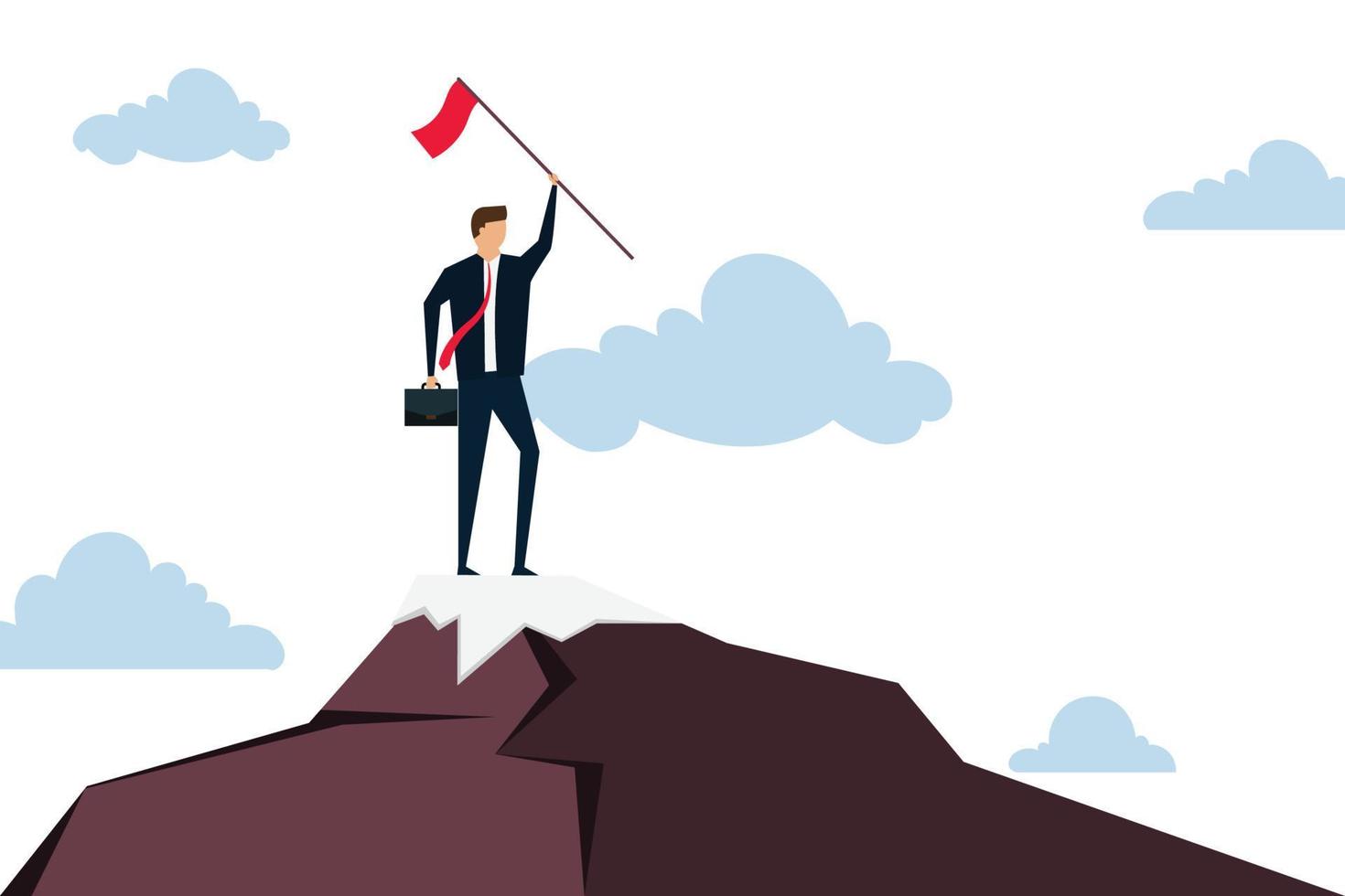leiderschap naar bereiken bedrijf doel, ambitieus zakenman leider Holding winnaar vlag staand trots Aan top van berg piek. vector