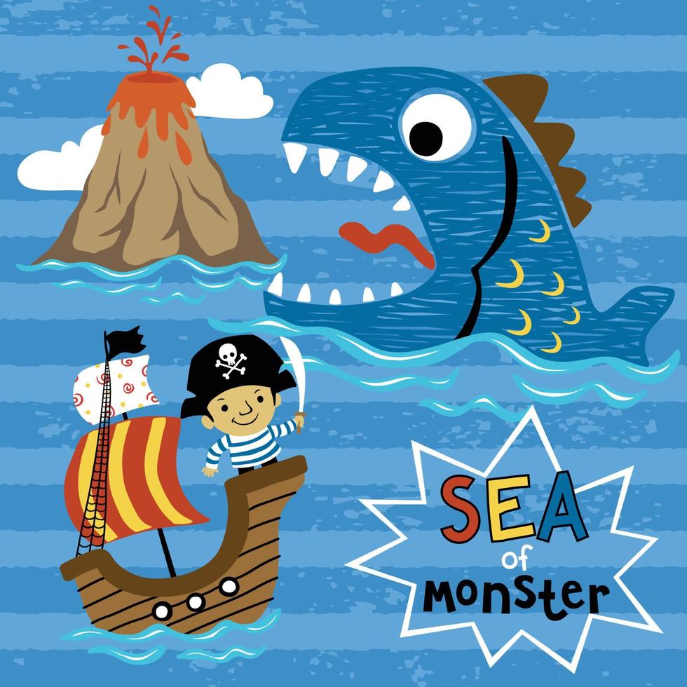 vector tekenfilm van vechten piraat Aan zeilboot versus vis monster, piraat element tekenfilm