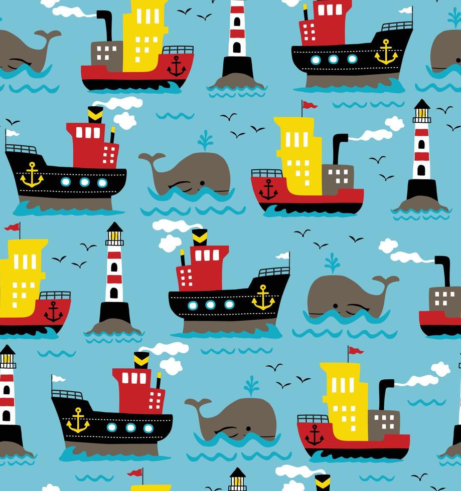 naadloos patroon vector van lading schepen met walvis en vuurtoren, reis elementen tekenfilm