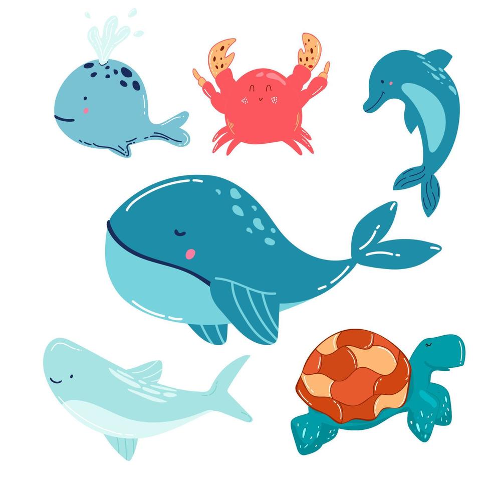 tekenfilm zee dieren. schattig oceaan vis, haai en schildpad, kwallen, krab en zegel. onderwater- dieren in het wild schepsels vector illustratie reeks