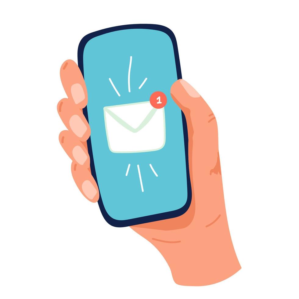 vector illustratie van een telefoon in een Mens s hand- met mail of sms . geïsoleerd Aan wit achtergrond.10 eps