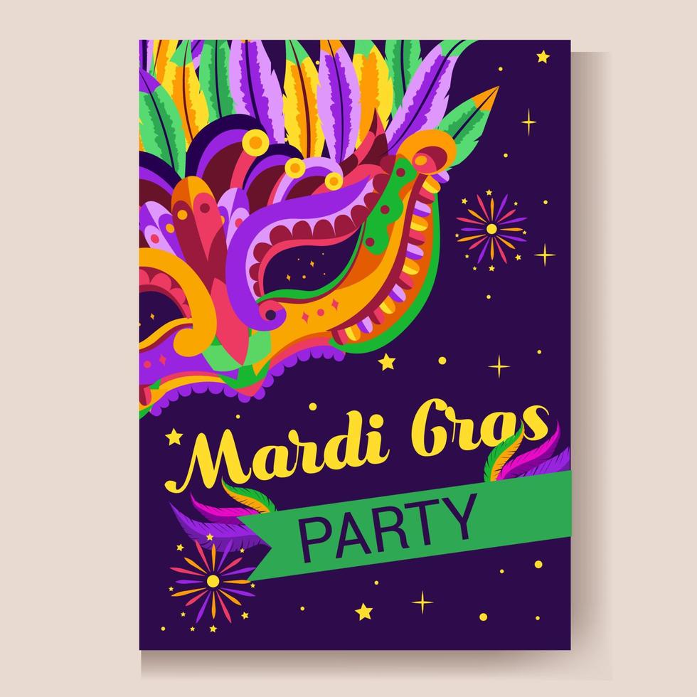 uitnodiging kaart naar een carnaval partij mardi gras. traditioneel masker met veren, maracas, vuurwerk, tropisch bladeren voor carnaval, mardi gras, festival, maskerade, optocht. vector