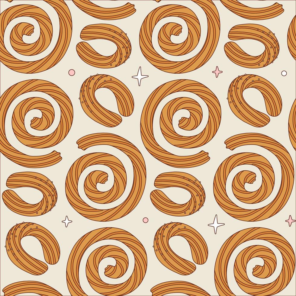 naadloos patroon met spiraal Spaans churro. Latijns Amerikaans traditioneel gebakjes. eindeloos herhalen churro's. vector contour wijnoogst illustratie voor ontwerp.