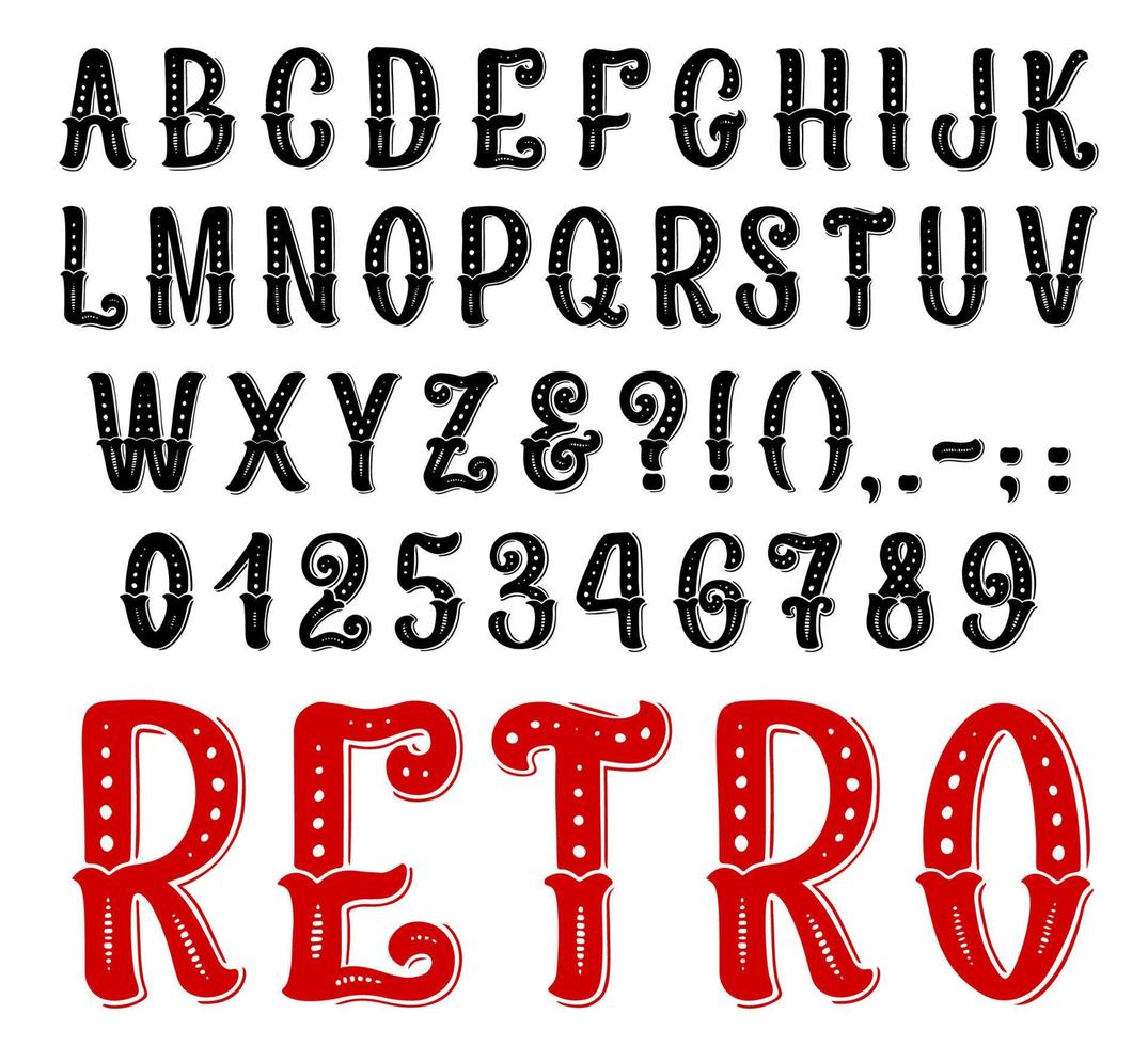 retro decoratief lettertype, vol symbolen en brieven vector
