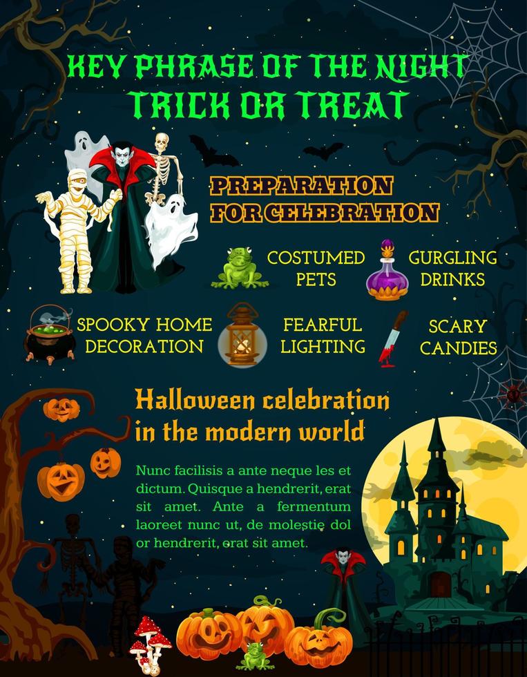 halloween nacht truc of traktatie informatie poster vector