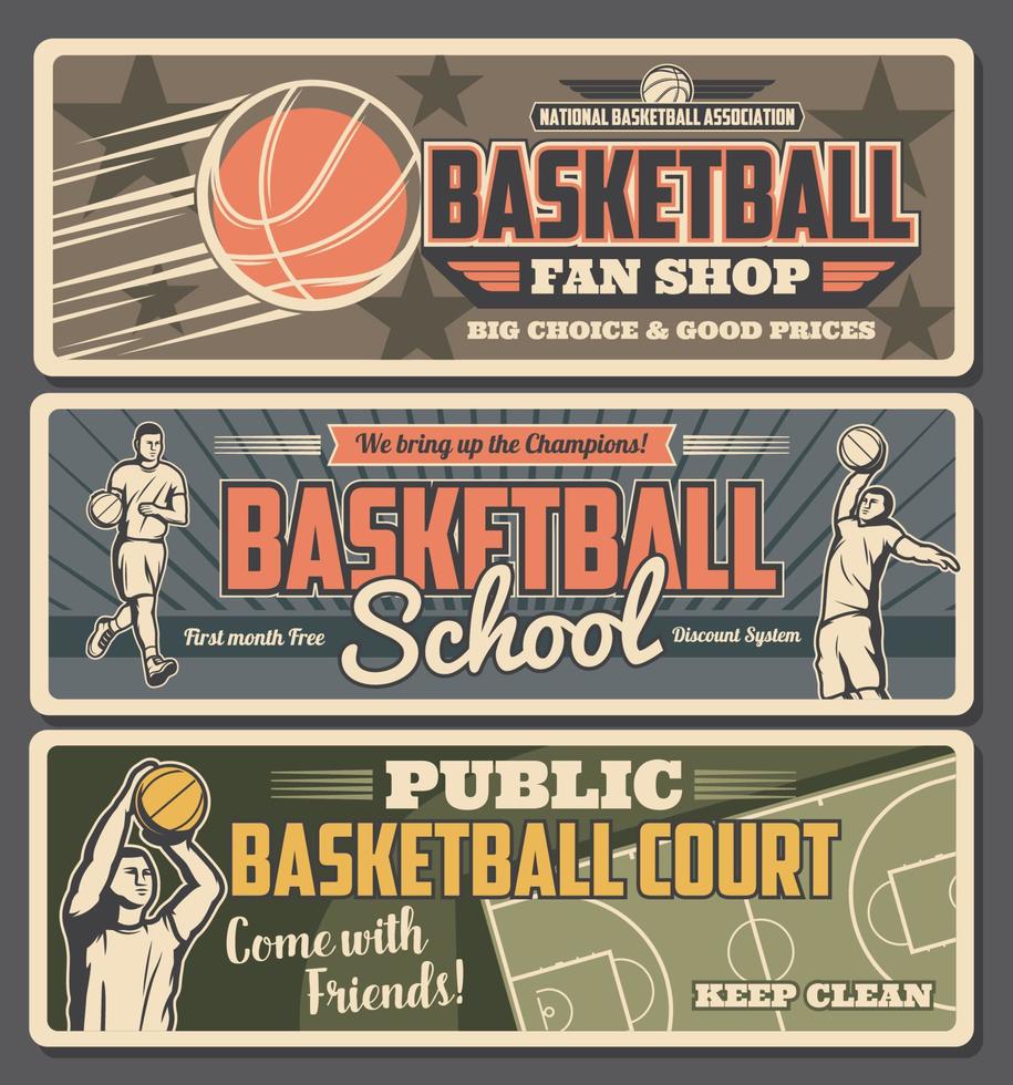 basketbal retro banners ventilator winkel, school- of rechtbank vector