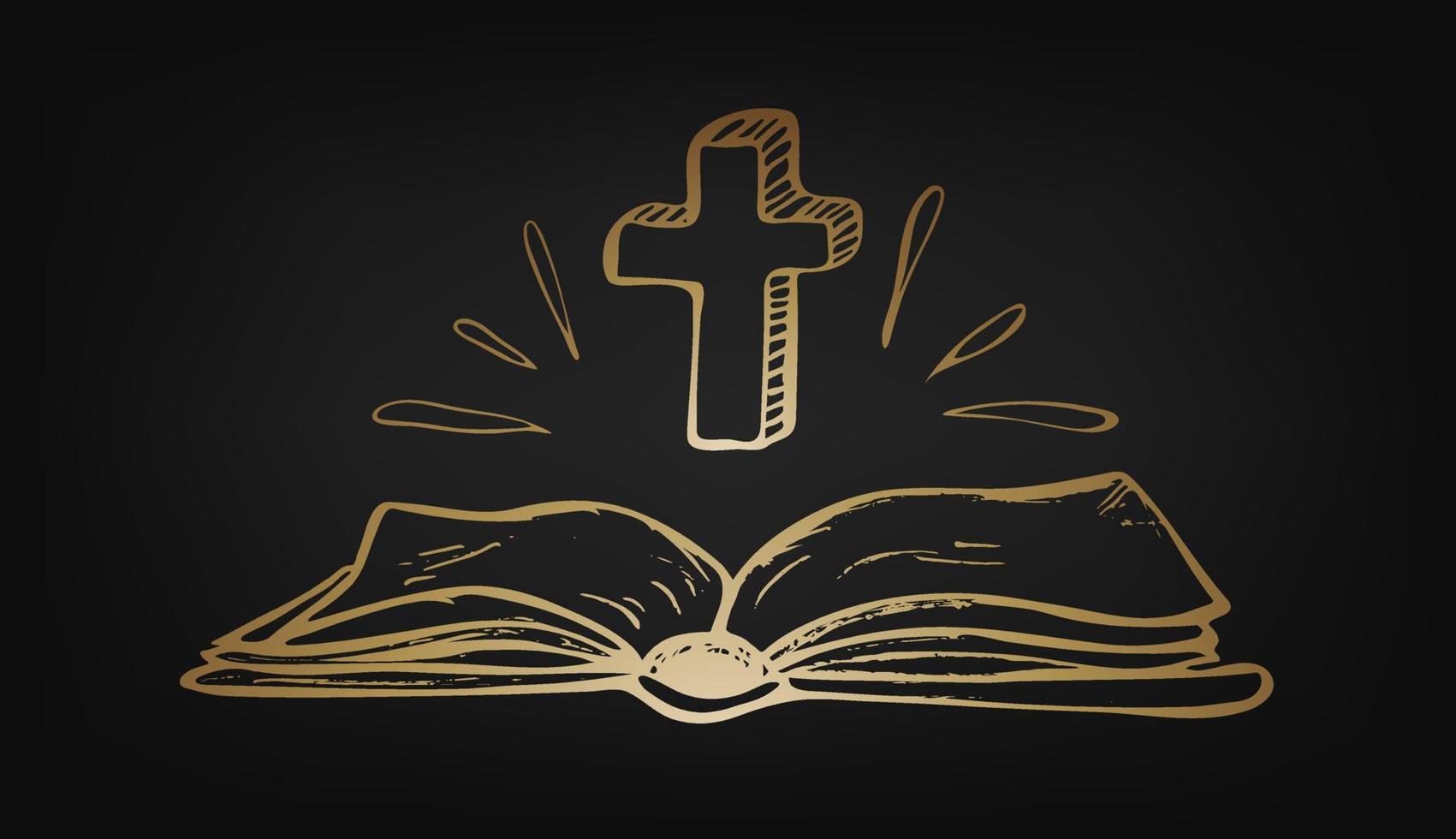Open heilig Bijbel met kruisbeeld Aan donker achtergrond vector