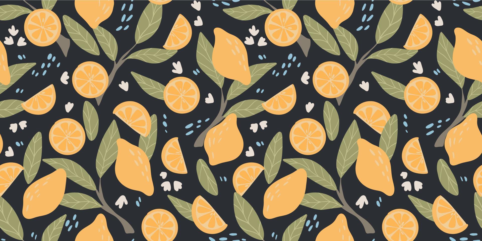 zomer tropisch naadloos patroon met vers citroenen en bloemen. vector citrus fruit Aan zwart achtergrond. modern exotisch bloemen ontwerp voor papier, omslag, kleding stof, interieur decor