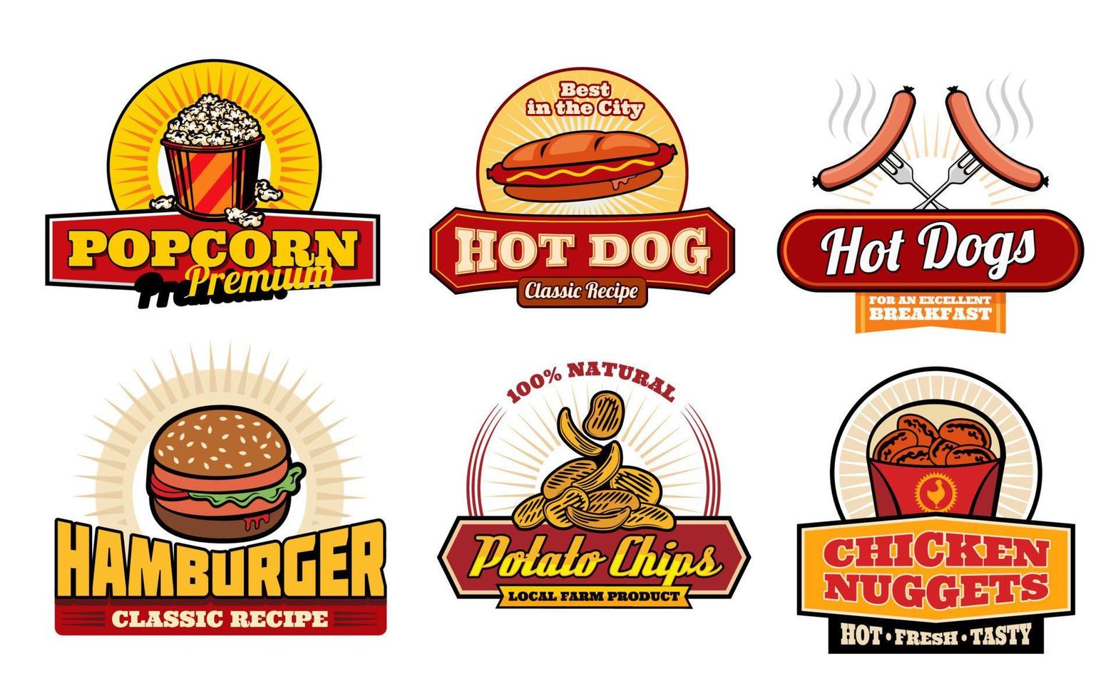 snel voedsel retro badges met hamburger en heet hond vector