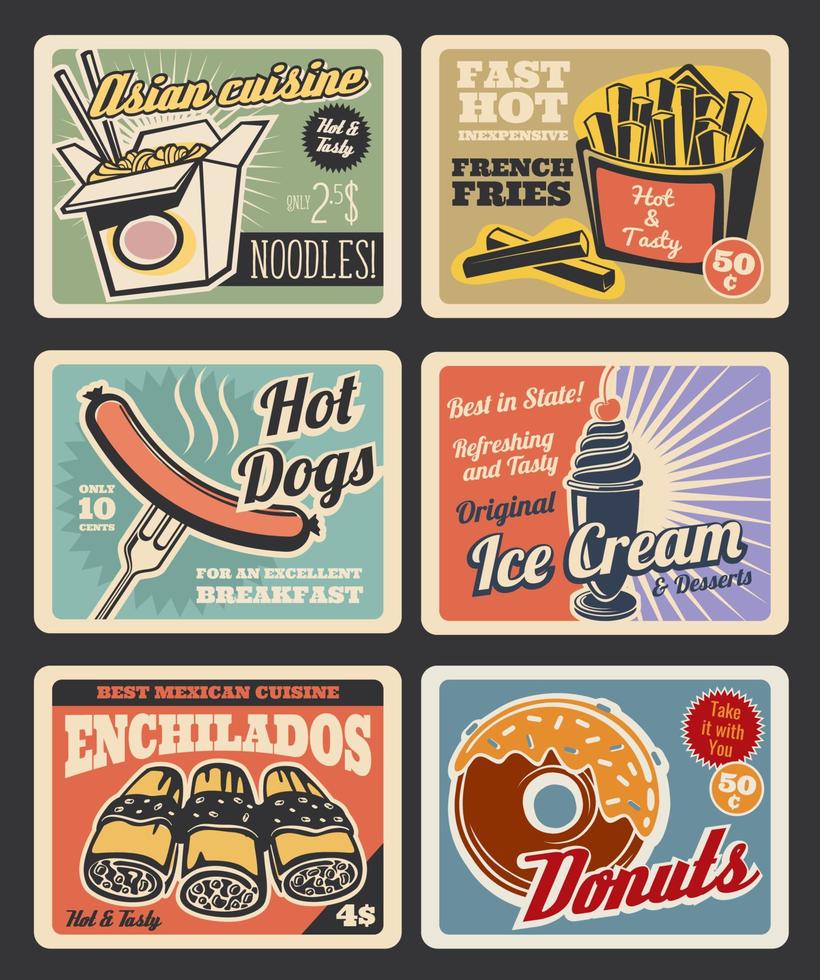 snel voedsel restaurant menu retro posters vector