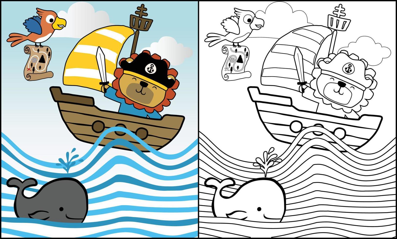 vector illustratie van leeuw in piraat kostuum Aan zeilboot, piraat elementen tekenfilm, kleur boek of bladzijde