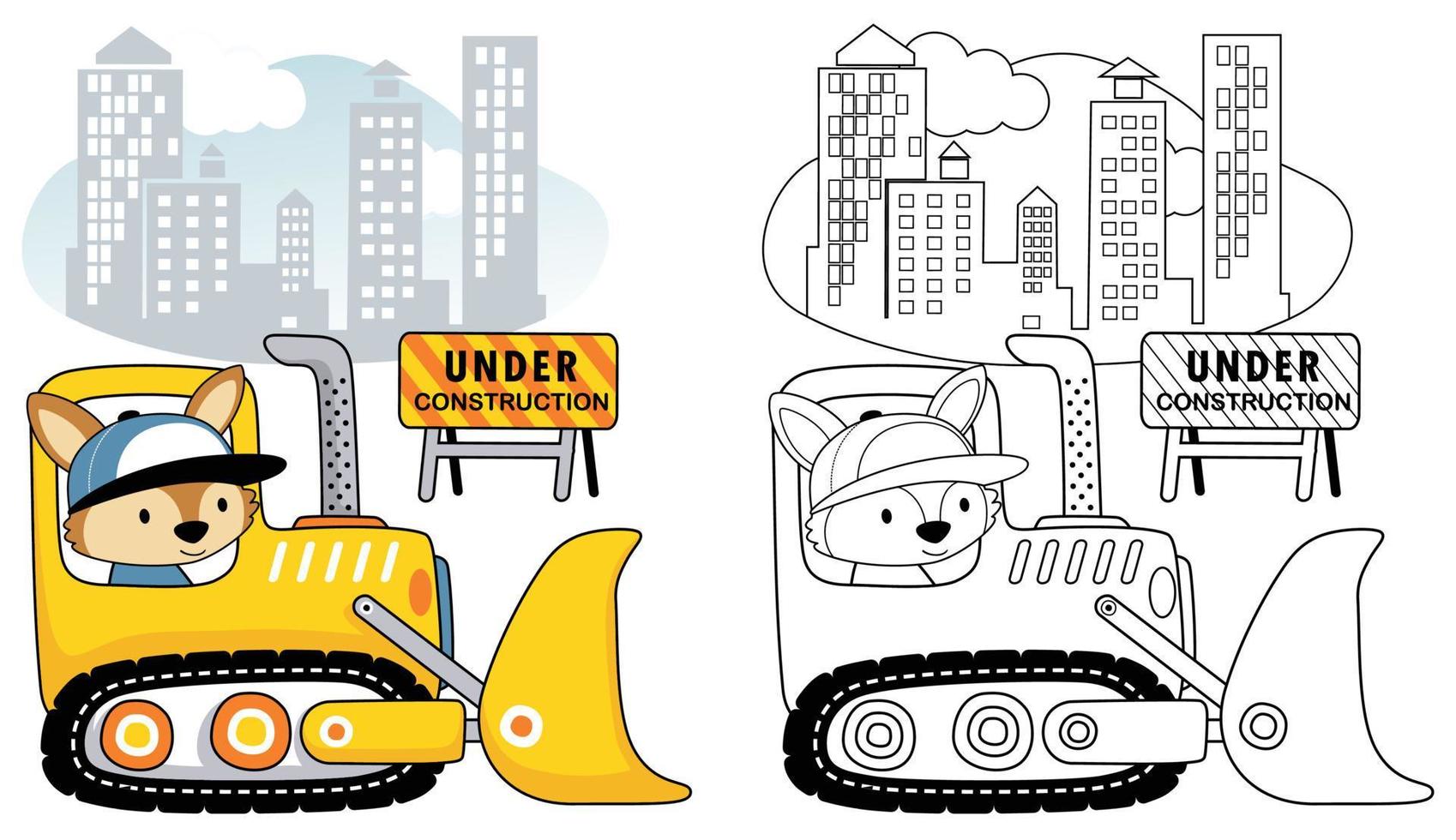 vector tekenfilm van vos het rijden bulldozer Aan gebouwen achtergrond, kleur boek of bladzijde