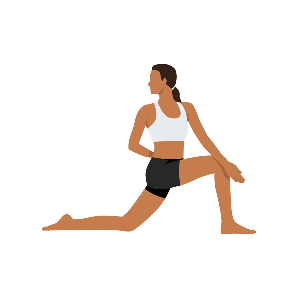 vrouw doet anjaneyasana of low lunge yoga pose, vectorillustratie in trendy stijl vector