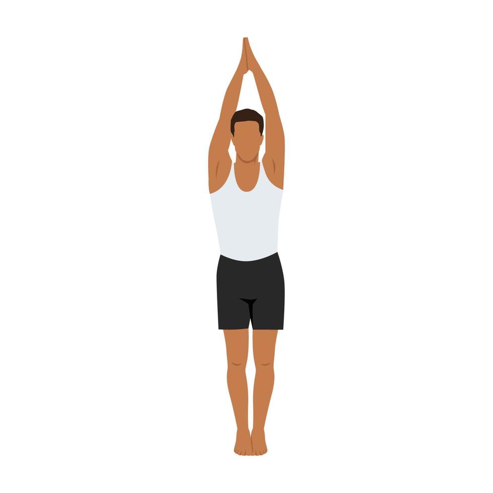 Mens aan het doen urdhva namaskarasana yoga houding. staand met upavishtha konasana oefening. vlak vector illustratie geïsoleerd Aan wit achtergrond
