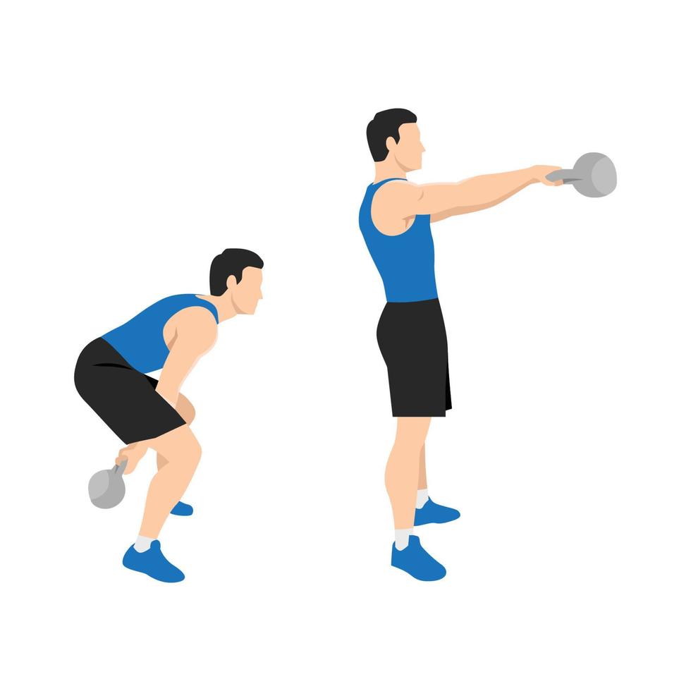 Mens aan het doen twee arm kettlebell schommel oefening. vlak vector illustratie geïsoleerd Aan wit achtergrond