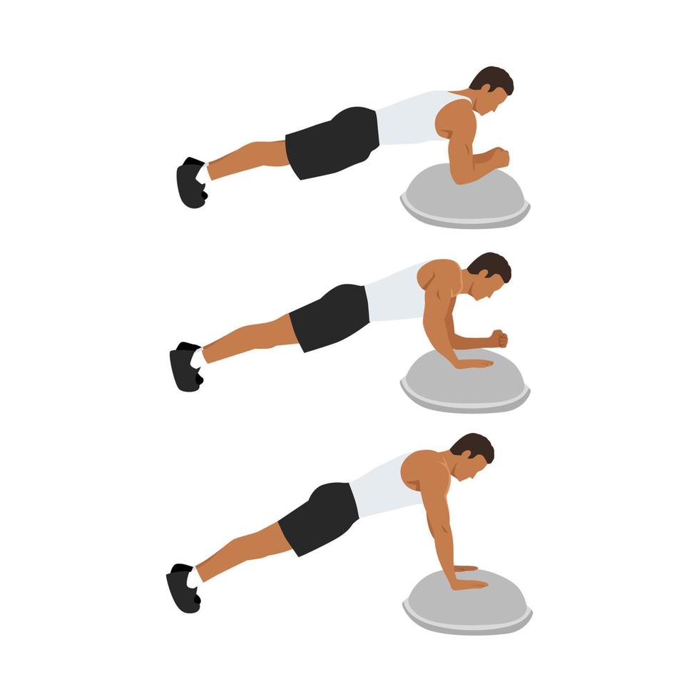 Mens aan het doen bosu bal plank naar Duwen omhoog of wandelen plank omhoog downs oefening. vlak vector illustratie geïsoleerd Aan wit achtergrond