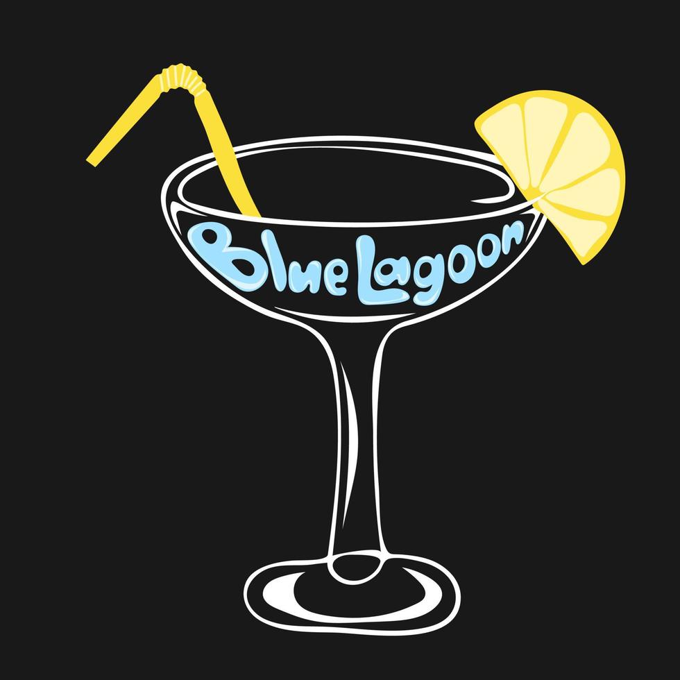 hand- getrokken glas van blauw lagune cocktail met stuk van citroen en belettering tekst vector