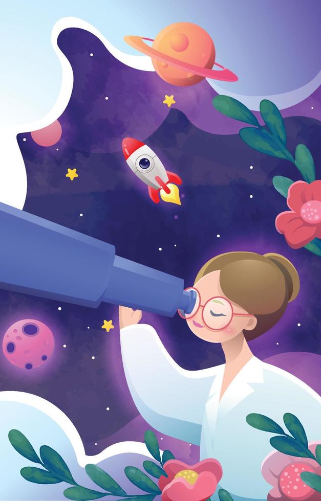 astrofysica vrouw met haar telescoop voor Internationale dag van Dames en meisjes in wetenschap vector