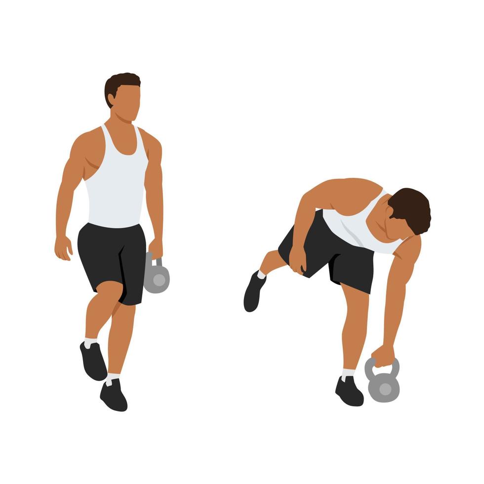 Mens aan het doen kettlebell een legged deadlifts oefening. vlak vector illustratie geïsoleerd Aan wit achtergrond