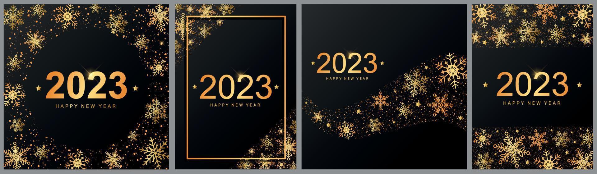 reeks van Kerstmis en 2023 nieuw jaar groet kaarten, affiches, afdrukken, uitnodigingen, spandoeken, Sjablonen versierd met tekst en goud sneeuwvlokken Aan zwart achtergrond. eps 10 vector