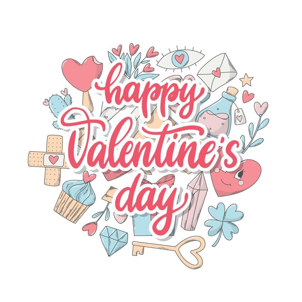 gelukkig Valentijnsdag dag belettering citaat versierd met doodles voor groet kaarten, affiches, afdrukken, tekens, uitnodigingen, spandoeken, stickers, enz. eps 10 vector