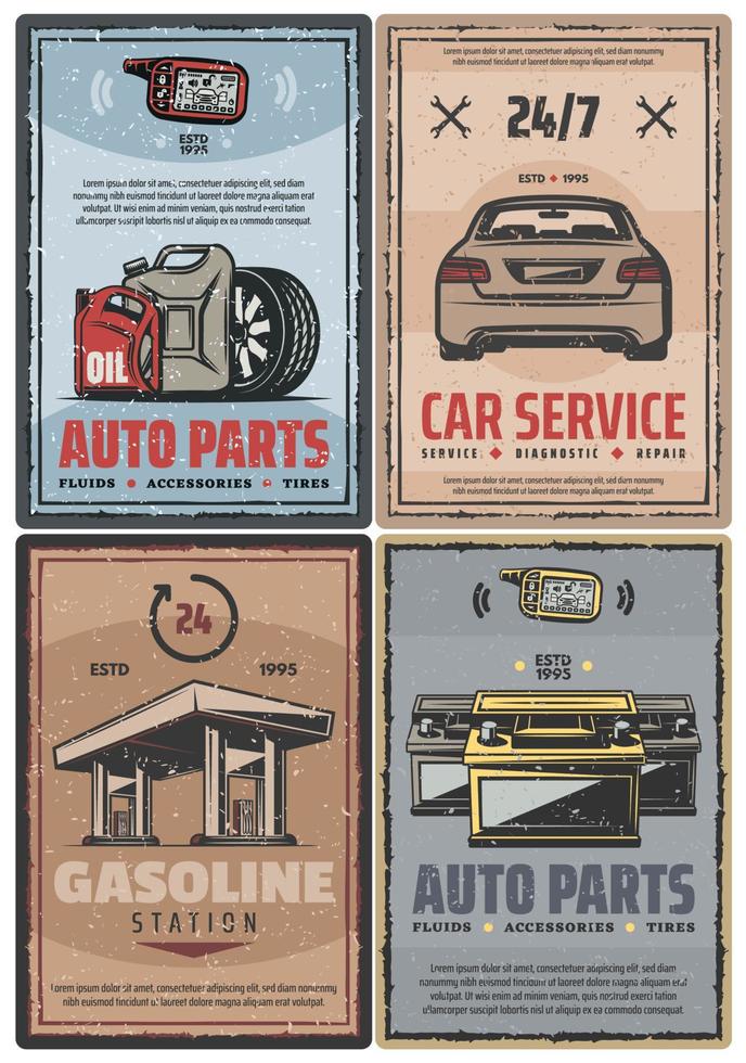 auto onderhoud en brandstof station vector retro posters