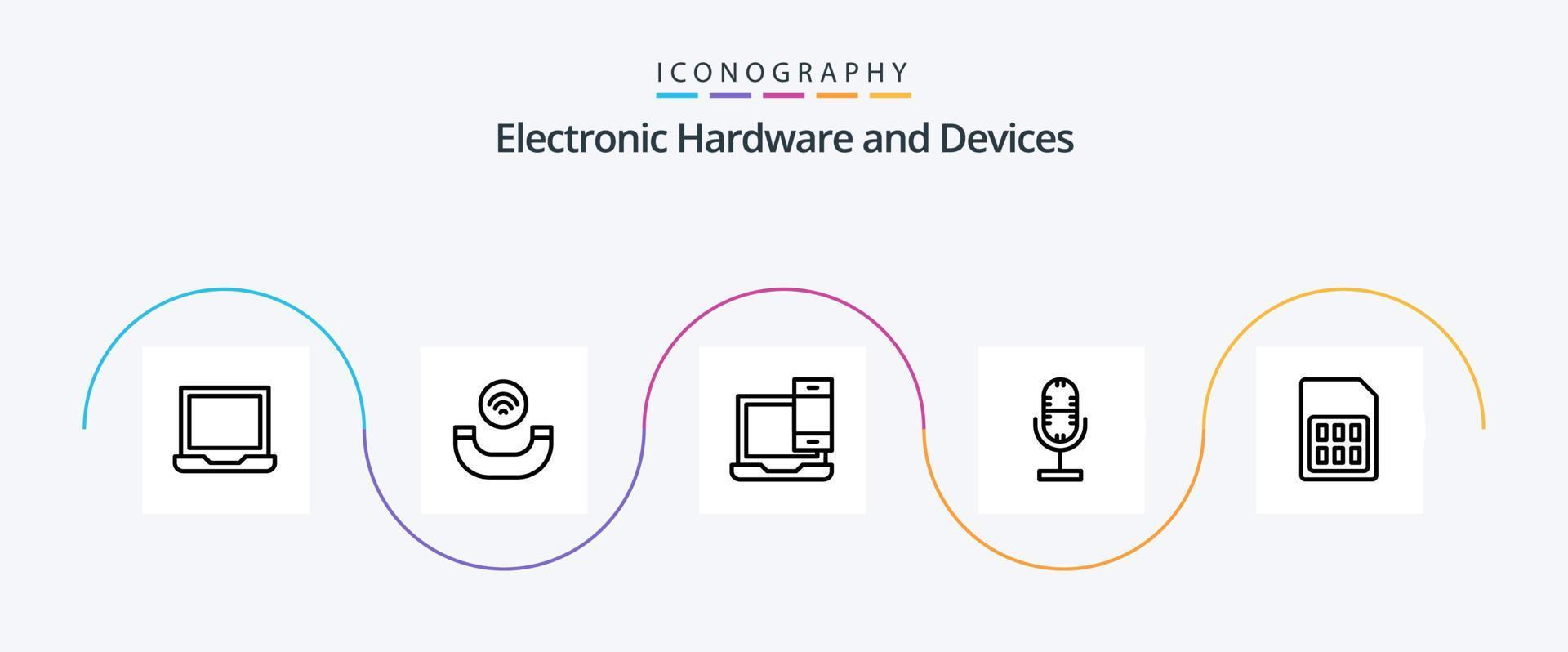 apparaten lijn 5 icoon pak inclusief telefoon. kaart. laptop. microfoon. uitzending vector