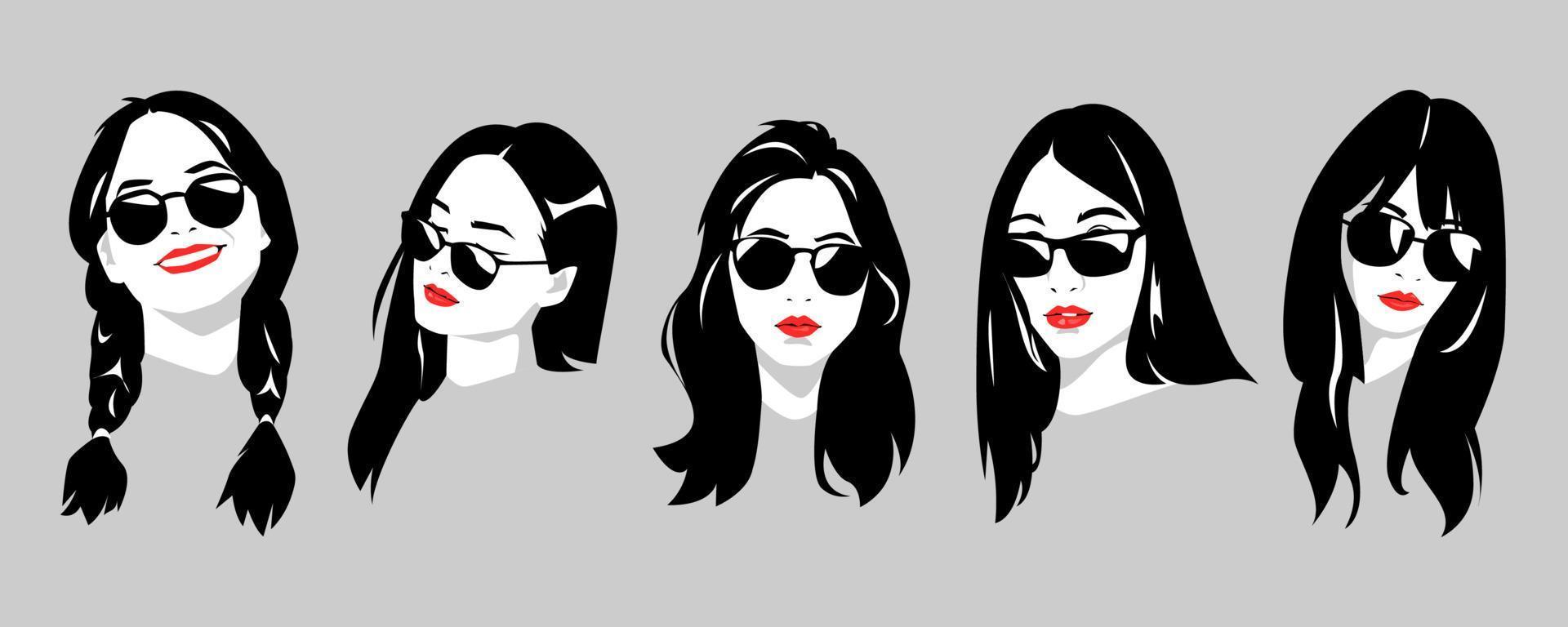 icoon reeks van portretten van mooi meisjes met bril en lang haar, vlecht. silhouet vector ontwerp.
