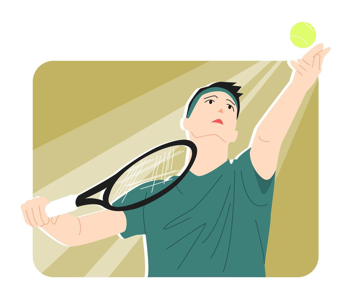 professioneel tennis atleet dient. schommel een tennis bal. voor de helft lichaam. concept van sport, hobby, spel, enz. vector vlak illustratie.