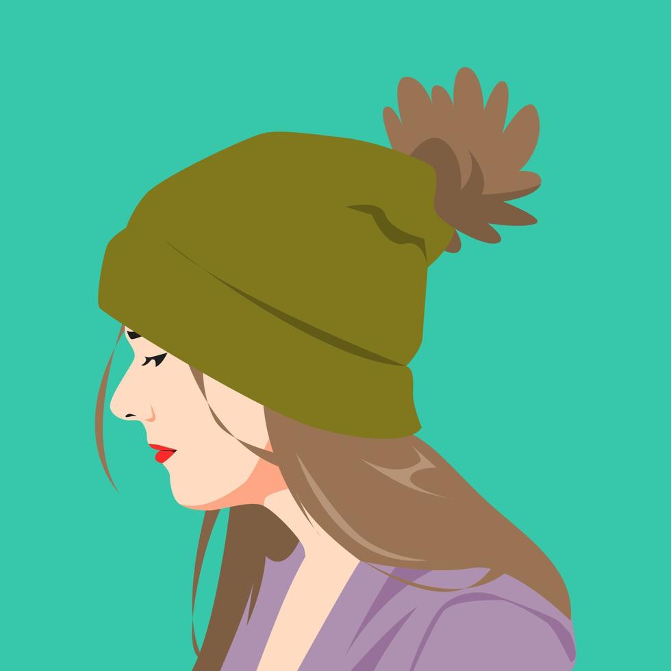 portret van een mooi vrouw gezicht kant visie. slijtage een muts hoed. avatar voor sociaal media. gekleurd. voor profiel, sjabloon, afdrukken, sticker, poster, enz. vector vlak illustratie