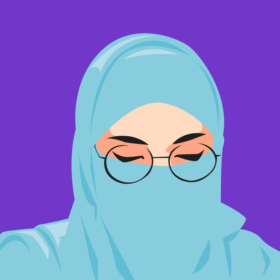 portret van een mooi vrouw vervelend een hijab en sluier, vervelend bril. geïsoleerd Purper achtergrond. avatar of profiel voor sociaal media. vector vlak illustratie