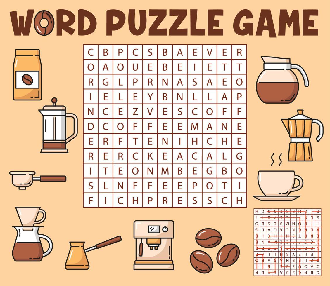 koffie drankjes woord zoeken puzzel spel werkblad vector