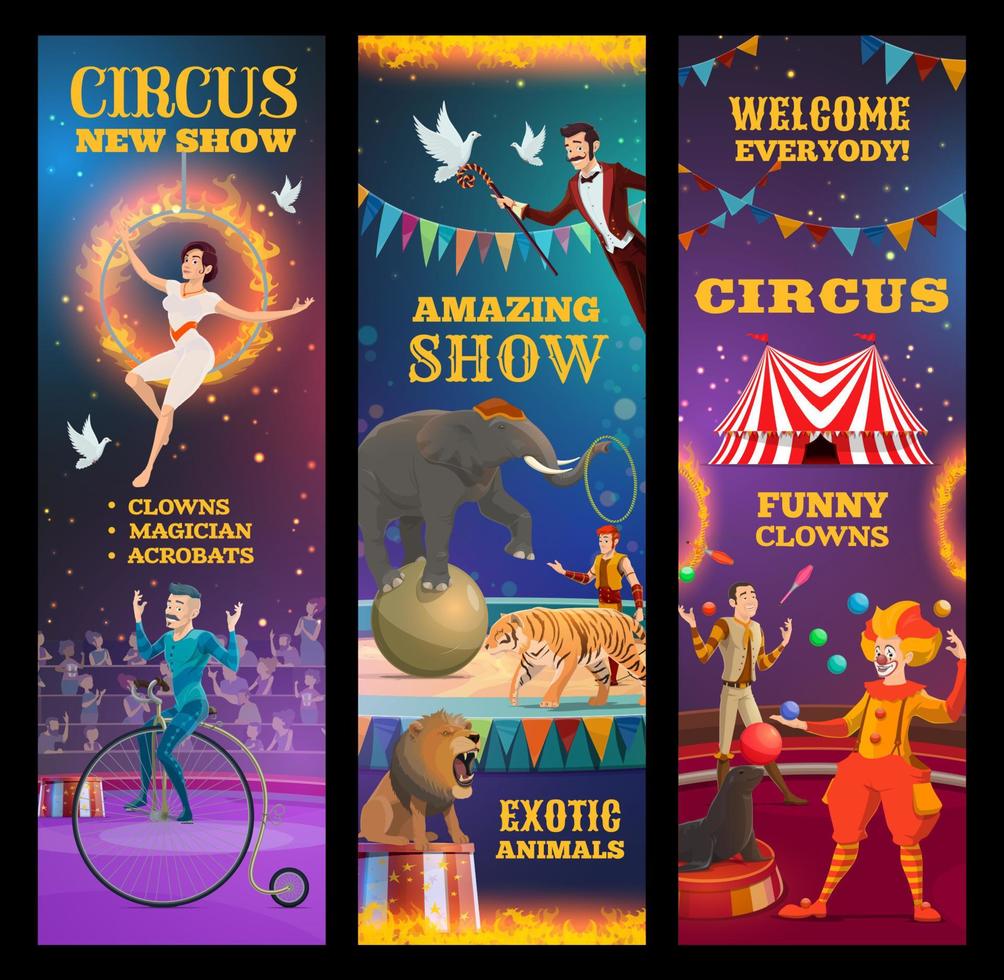 goochelaar, dieren, clown en acrobaten in circus vector