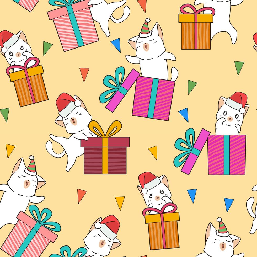 naadloze schattige kattenkarakters en geschenkdozen patroon vector