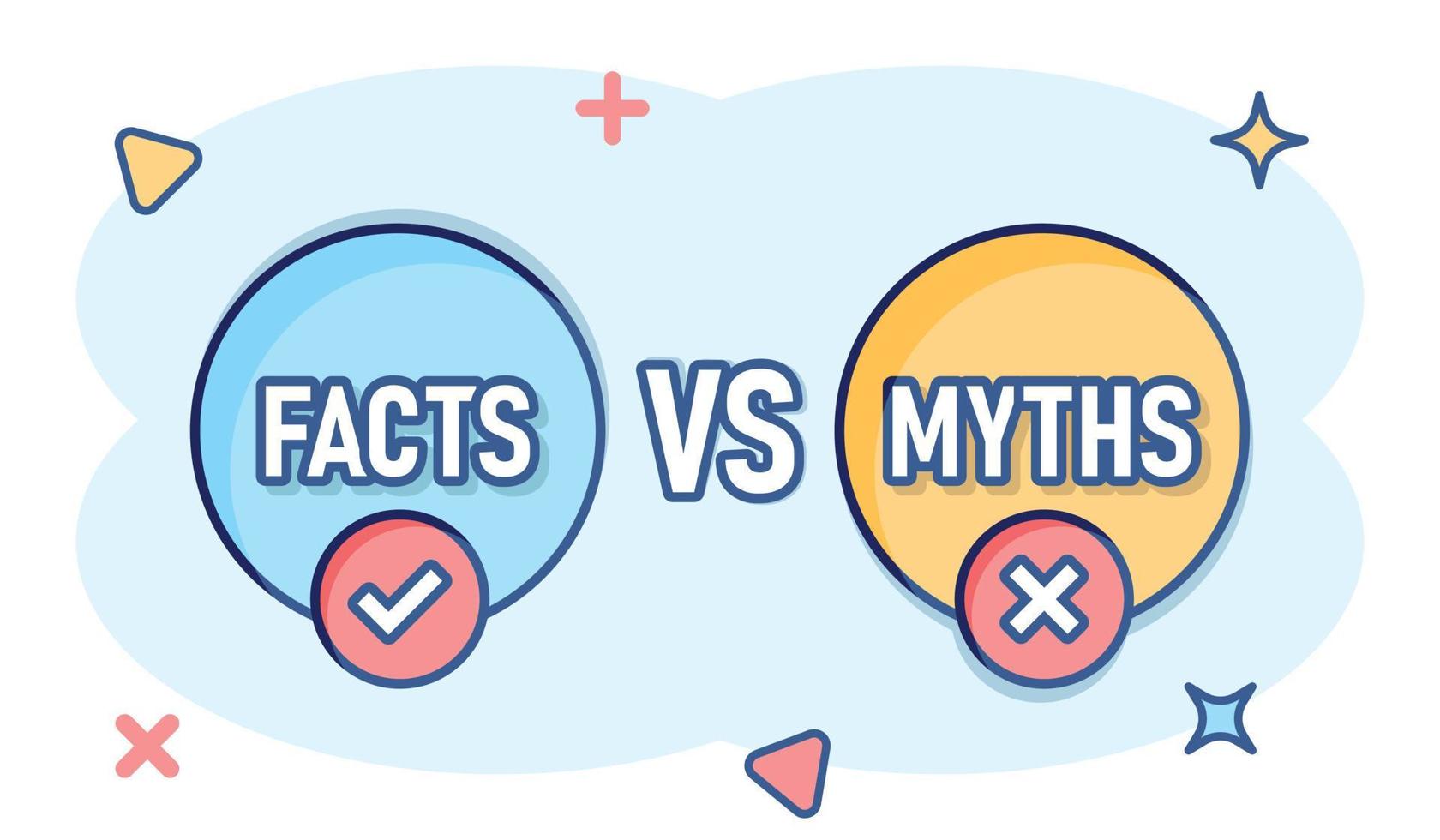 mythen vs feiten icoon in grappig stijl. waar of false tekenfilm vector illustratie Aan wit geïsoleerd achtergrond. vergelijking teken bedrijf concept plons effect.