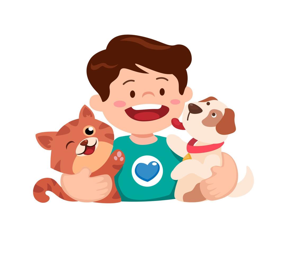 jongen met huisdier katje en puppy dier minnaar symbool karakter mascotte tekenfilm illustratie vector