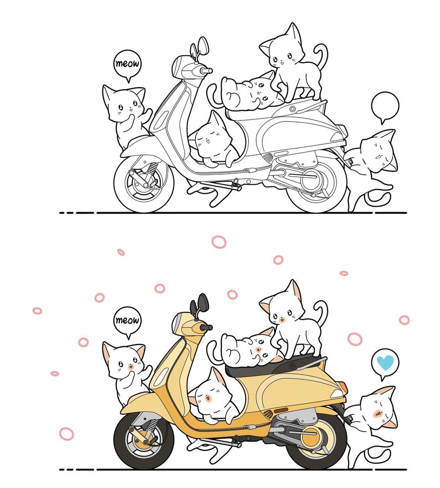 schattige katten en motorfiets cartoon kleurplaat voor kinderen vector